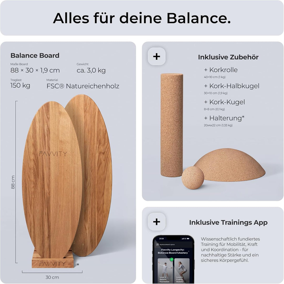 Balance Board aus Eichenholz [Handgefertigt in Deutschland] FSC-zertifizierter Gleichgewichtstrainer