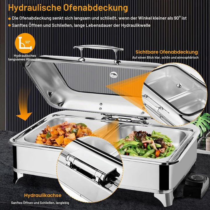 Chafing Dish Elektrisch, 9L Edelstahl Speisenwärmer Buffetwärmer mit Sichtbarem Glasdeckel, Kommerzi