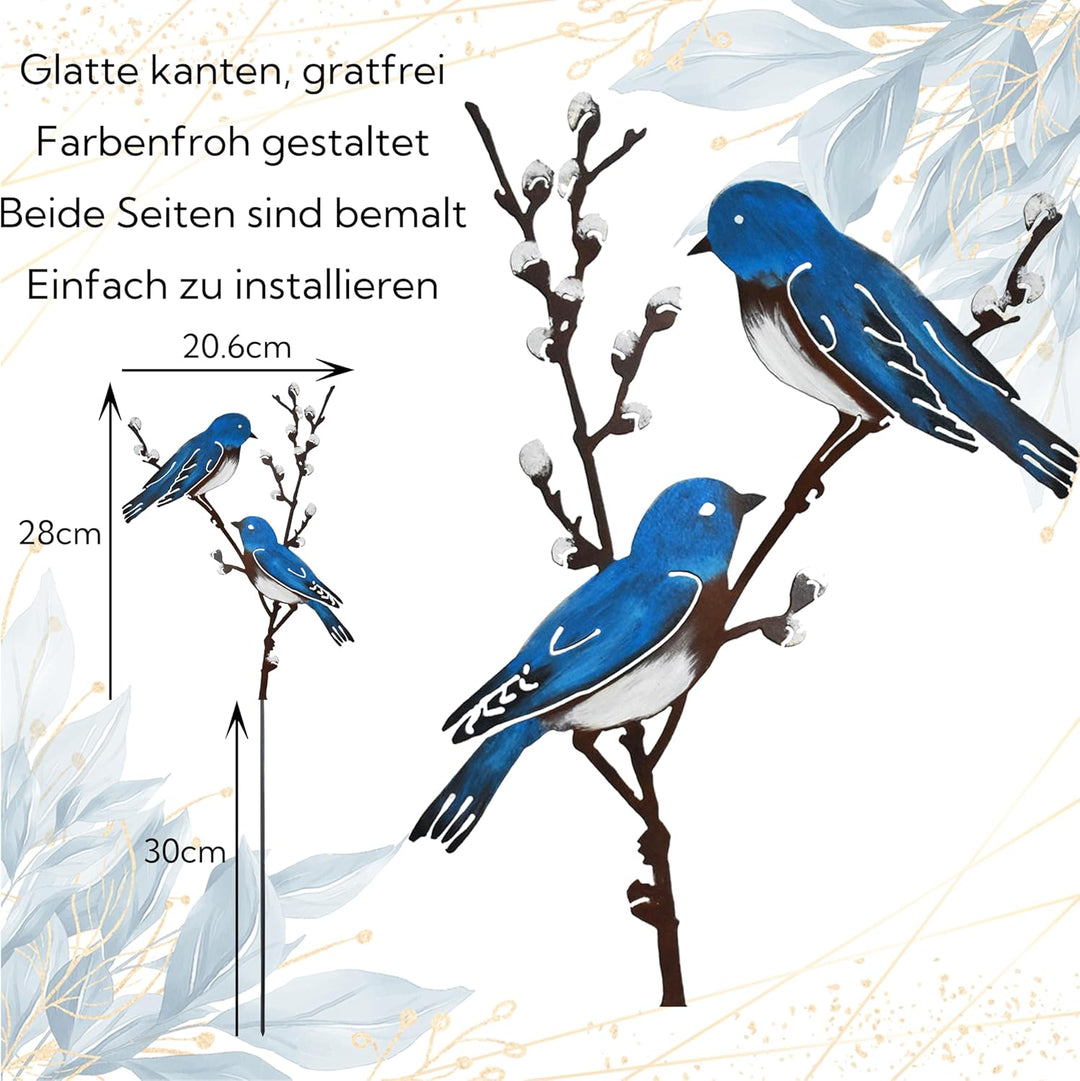 Vogel Gartenstecker 58cm Hoch Metall Bemalte Vogel Gartendeko für Draussen, Blaue Vögel auf Zweigen