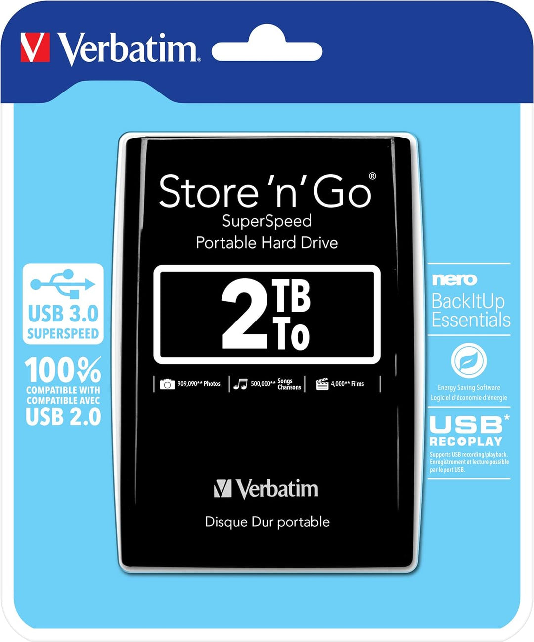 Verbatim Store 'n' Go SuperSpeed, 2 TB, Schwarz, Externe Festplatte, USB 3.0, Festplatte extern, für