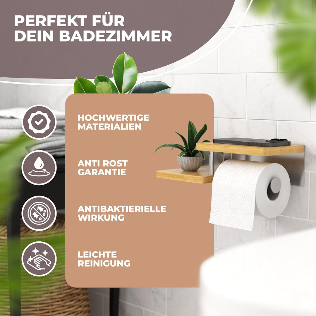 Toilettenpapierhalter Holz Bambus [KLEBEN oder Bohren] | hochwertiger Klopapierhalter ohne Bohren mi
