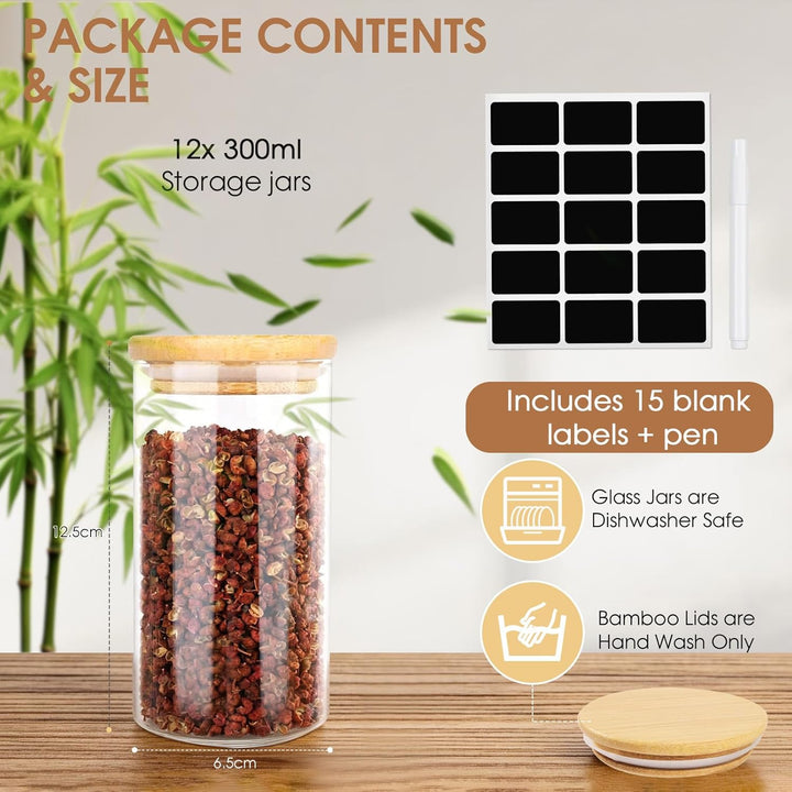 12stk. Gewürzgläser Rund, 300ml Gewürzdosen Gross, Vorratsgläser mit Deckel & Etiketten, Gewürzbehäl