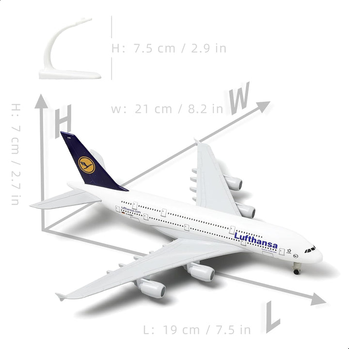 QIYUMOKE 1/300 Metallflugzeugmodell für Lufthansa A380 mit Ständer (7.5 Zoll), geeignet für Luftfahr