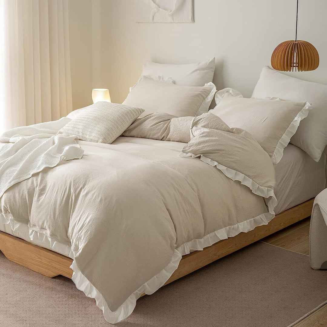 Lanqinglv Bettwäsche 200x220cm Beige Weiss mit Rüschen,aus 100% Weiche Microfaser Doppelbett - Wende