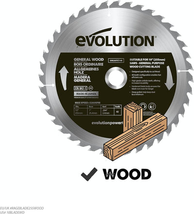 Evolution GW255TCT-40 - 255-mm-Holzsägeblatt – Hartmetallbestückte 30-Zahn-Konfiguration ermöglicht