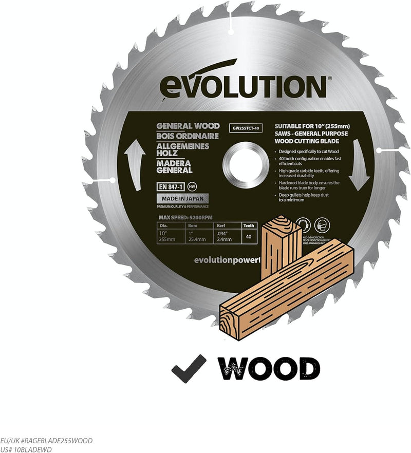 Evolution GW255TCT-40 - 255-mm-Holzsägeblatt – Hartmetallbestückte 30-Zahn-Konfiguration ermöglicht