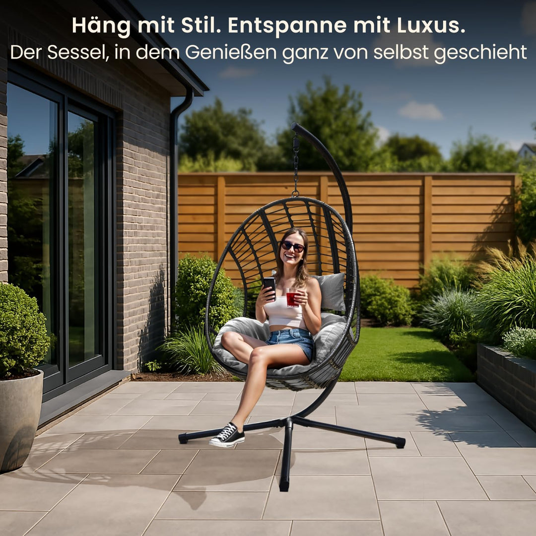 Swoods XXL Hängesessel mit Gestell - Hängesessel Für Indoor und Outdoor - Inkl. Kissen - Egg Chair -