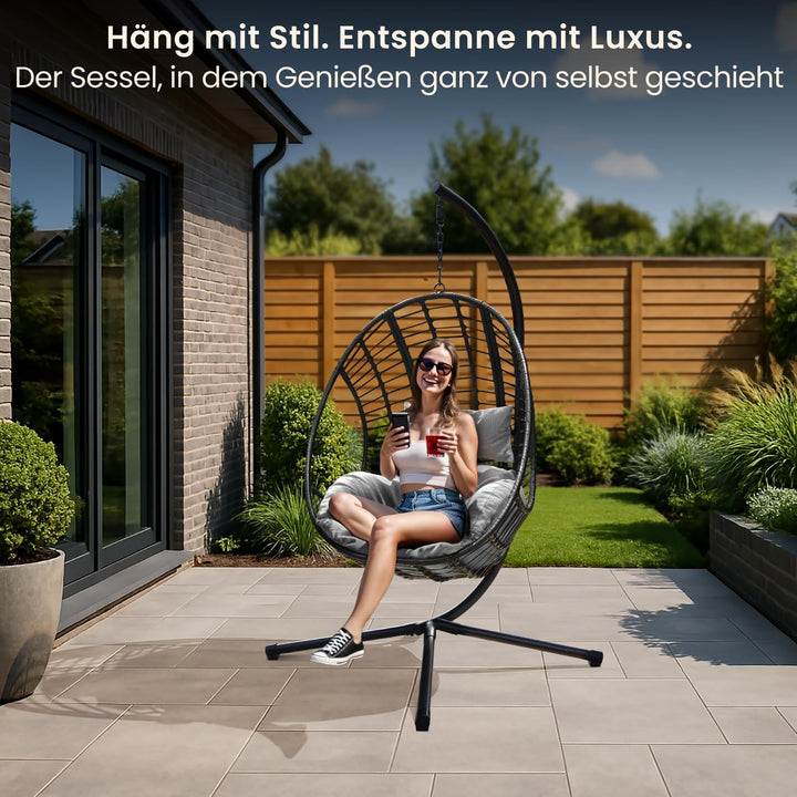 Swoods XXL Hängesessel mit Gestell - Hängesessel Für Indoor und Outdoor - Inkl. Kissen - Egg Chair -