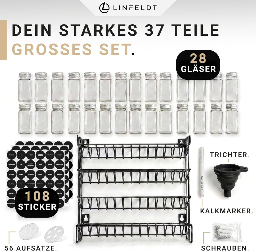 LINFELDT® Gewürzregal 28 Gläser - 144 Sticker + Stift + Schrauben zum Hängen - Gewürzregal Stehend -