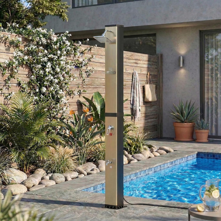 AufuN Solardusche Gartendusche 40L mit Chrom & Edelstahl, Warmwasser bis 60°C ohne Strom, 15cm Dusch