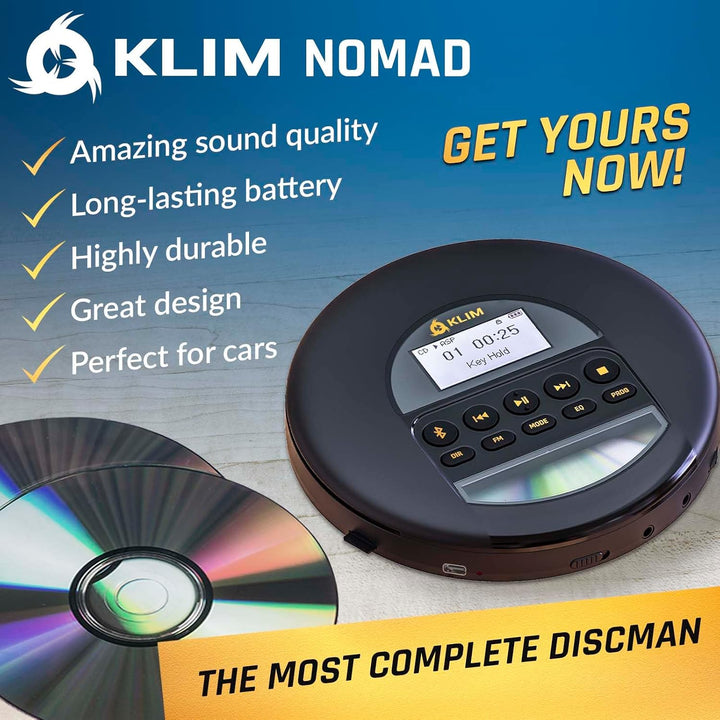 KLIM Nomad CD Player Bluetooth - Tragbarer CD-Player Discman mit langlebigem Akku - Inklusive Kopfhö