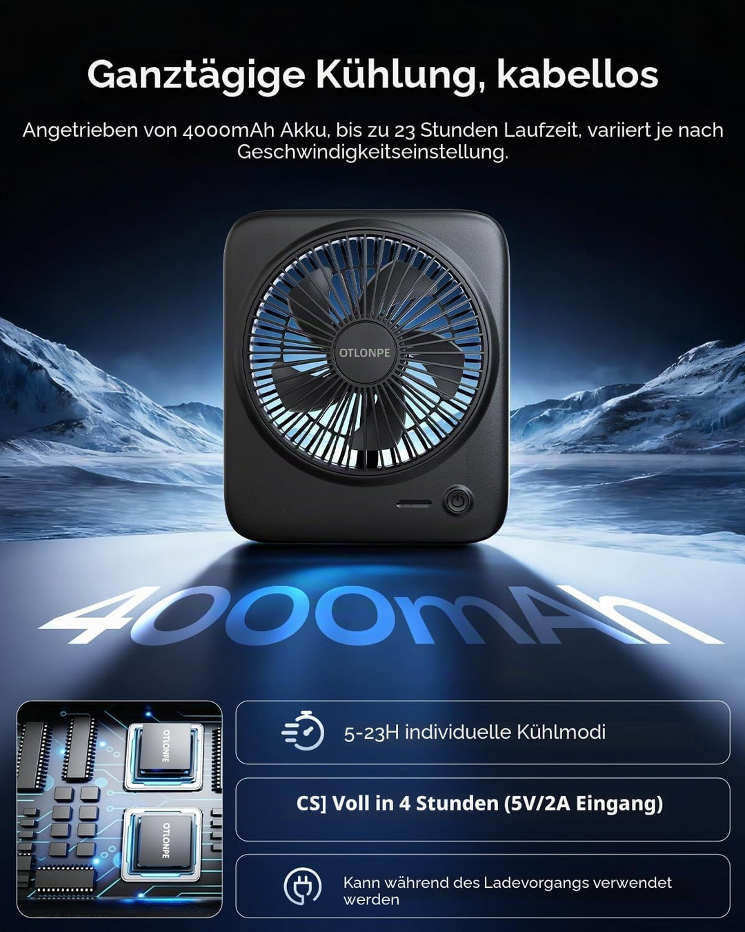 Otlonpe Tischventilator Leise, 4000mAh Akku Tisch Ventilator Tragbar, 4-Speed Tischventilatoren Klei