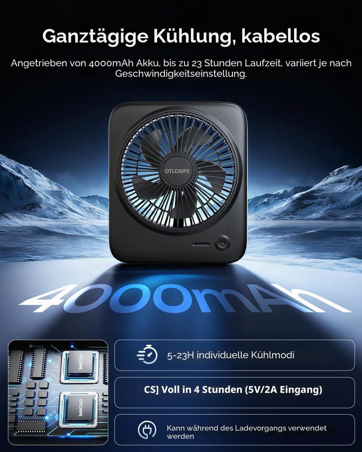 Otlonpe Tischventilator Leise, 4000mAh Akku Tisch Ventilator Tragbar, 4-Speed Tischventilatoren Klei