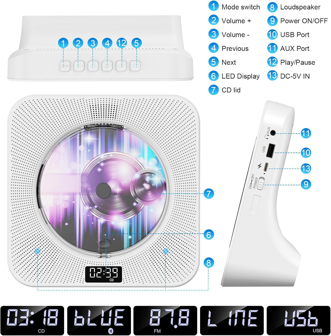 Gueray Desktop CD Player Bluetooth CD-Spieler mit Lautsprechern für Zuhause Tragbarer CD-Player mit