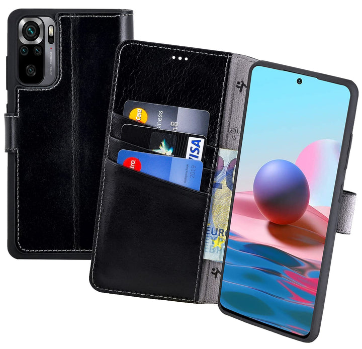 Suncase Book-Style Hülle kompatibel mit Xiaomi Redmi Note 10 Leder Tasche (Slim-Fit) Lederhülle Hand