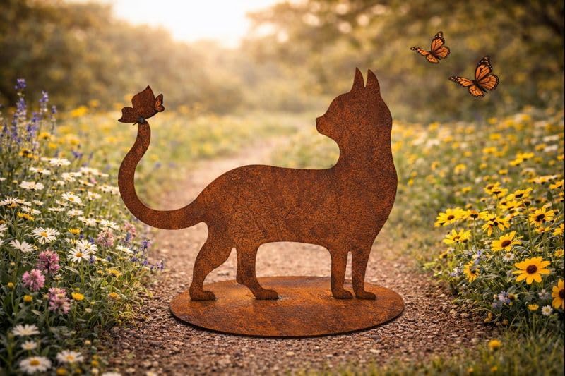 Bornhöft Gartendeko Gartenstecker Katze mit Schmetterling, Edelrost Rost-Optik Metallfigur, Gartensk