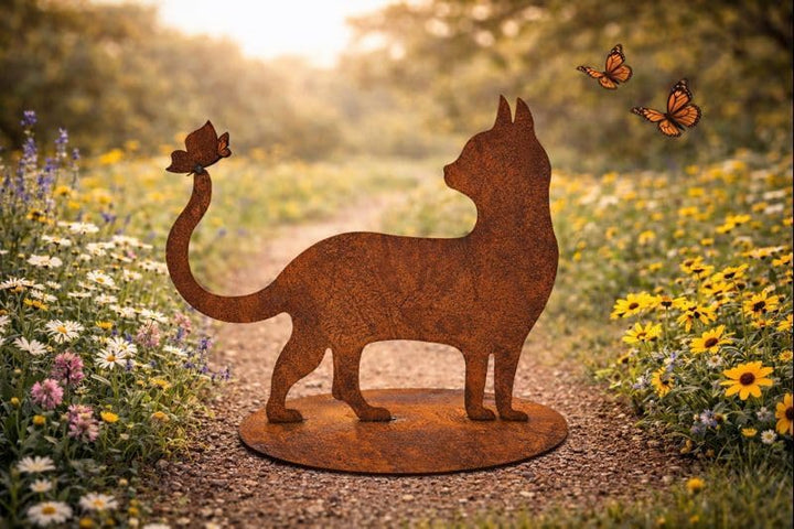 Bornhöft Gartendeko Gartenstecker Katze mit Schmetterling, Edelrost Rost-Optik Metallfigur, Gartensk