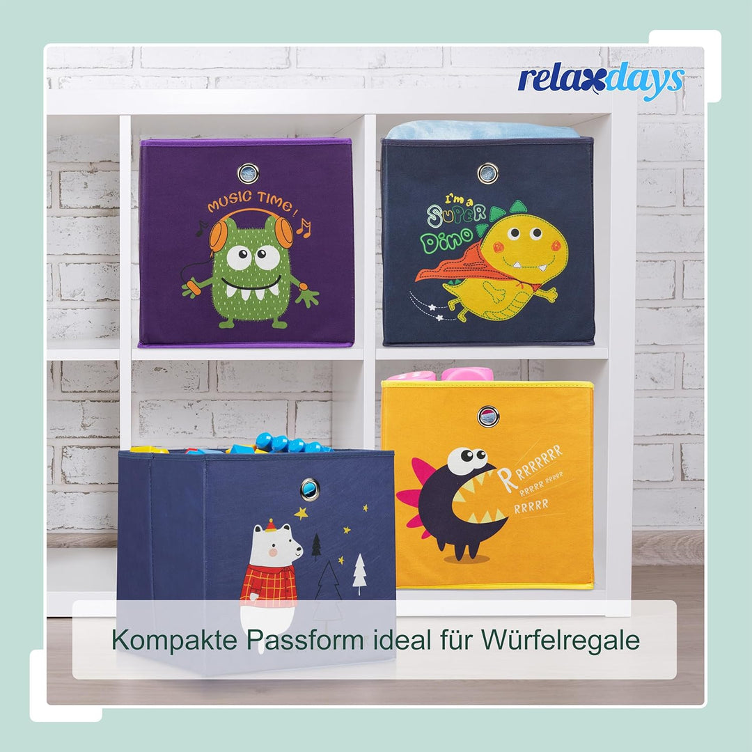 Relaxdays 4er Set, Kinder Aufbewahrungsboxen, Tiere & Monster, Faltbox für Würfelregale, HBT: 30x30x