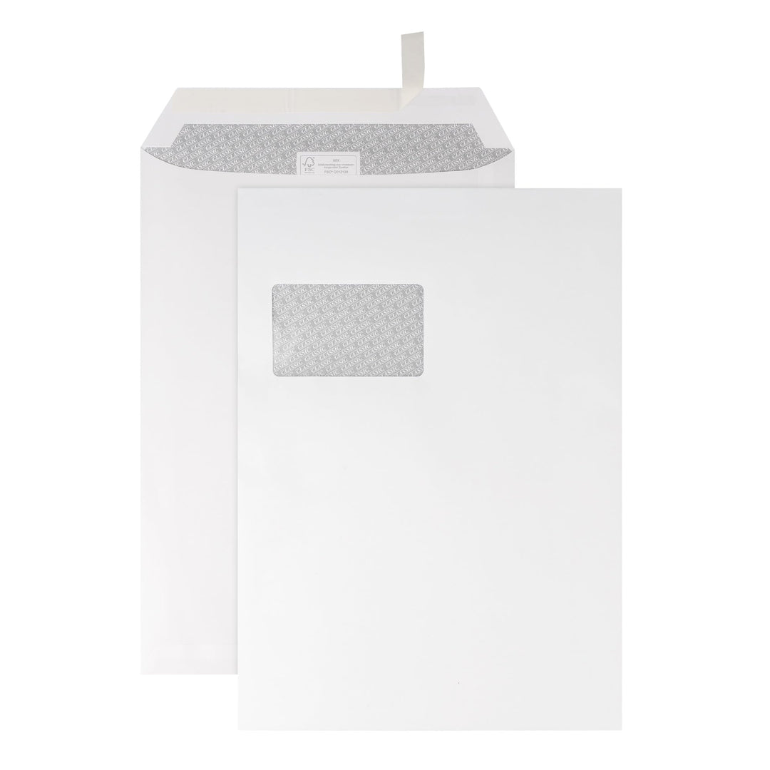 250 Briefumschläge - C4 Tasche mit Fenster - 229x324 mm - weisse Papierumschläge - selbstklebend - U