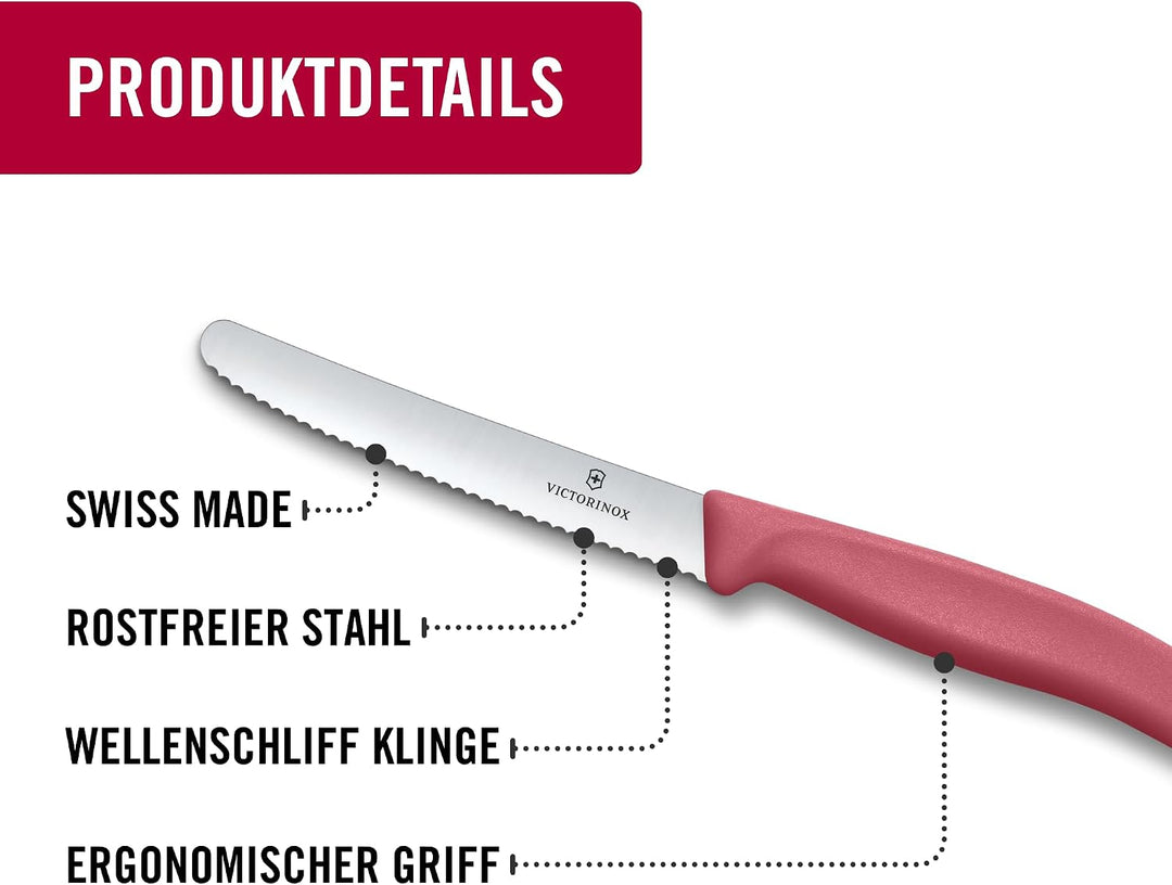 Victorinox Swiss Classic Frühstücksmesser, Brötchenmesser, Set 4teilig, Scharfe Klinge, Wellenschlif