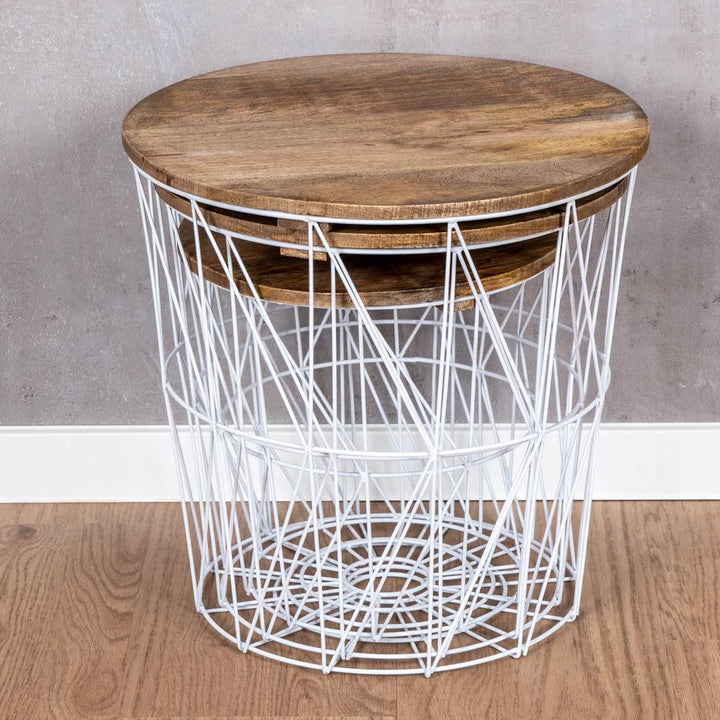 levandeo 3er Set Beistelltisch Metall Metallkorb Weiss Mango Couchtisch Holz Deckel Deko Aufbewahrun