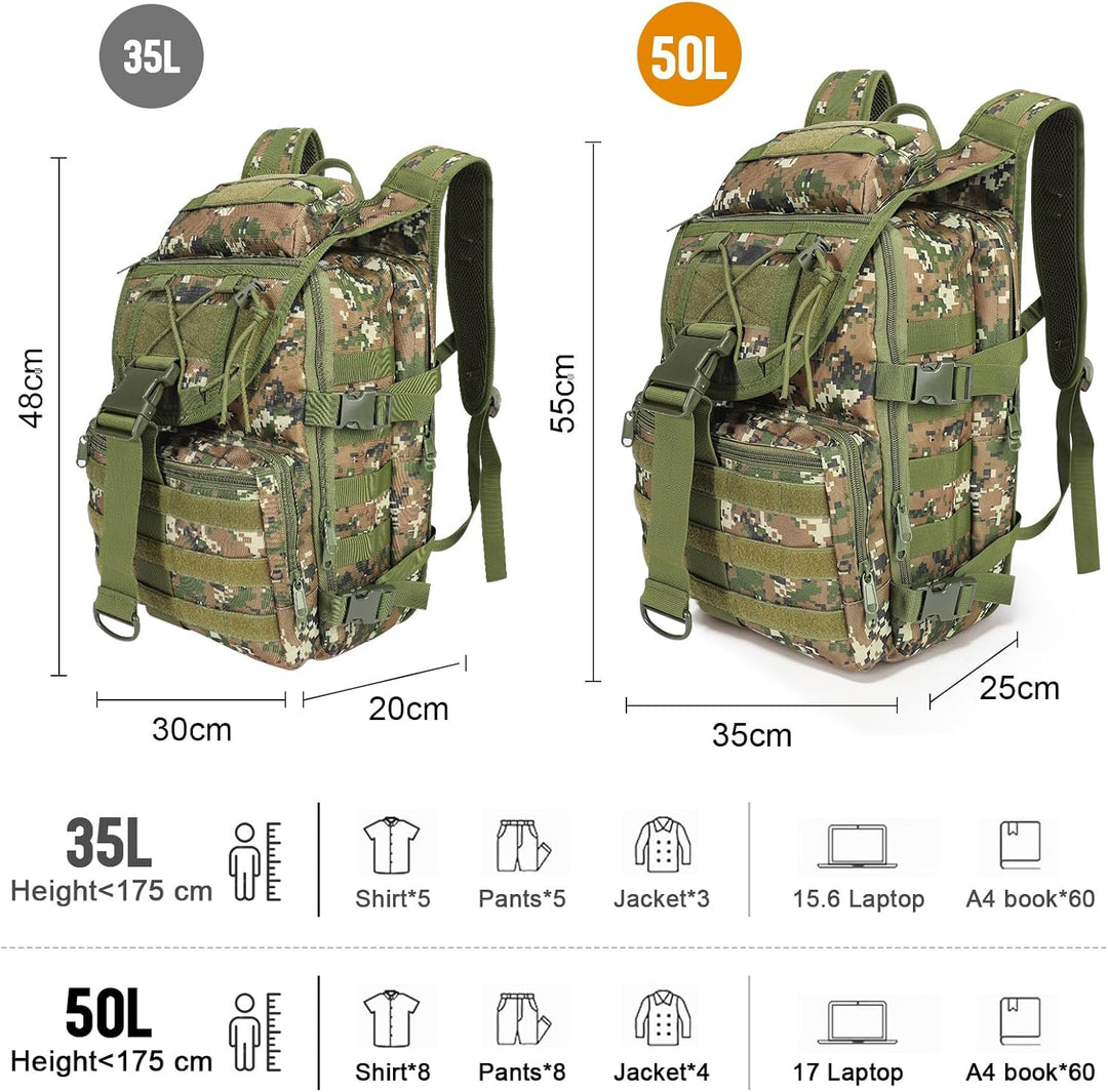 SHANNA Militärrucksack 35L/50L Armee Rucksack Molle, Hohe Kapazität Trekkingrucksack Wanderrucksäcke