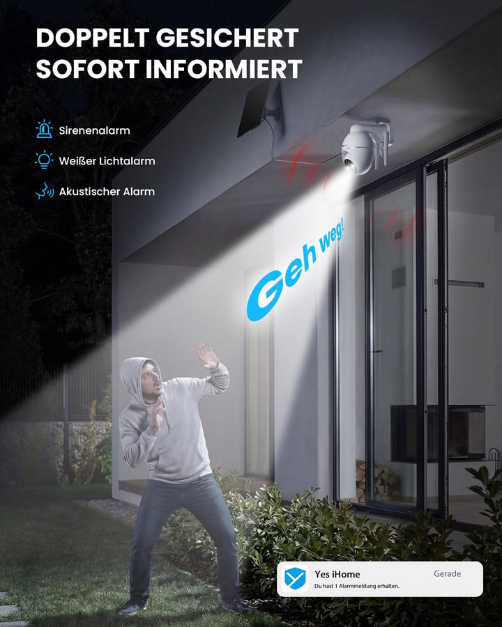 2K Überwachungskamera Aussen Akku Solar, Kabellos 2,4GHz WLAN Outdoor Kamera, 360° PTZ Kamera Überwa