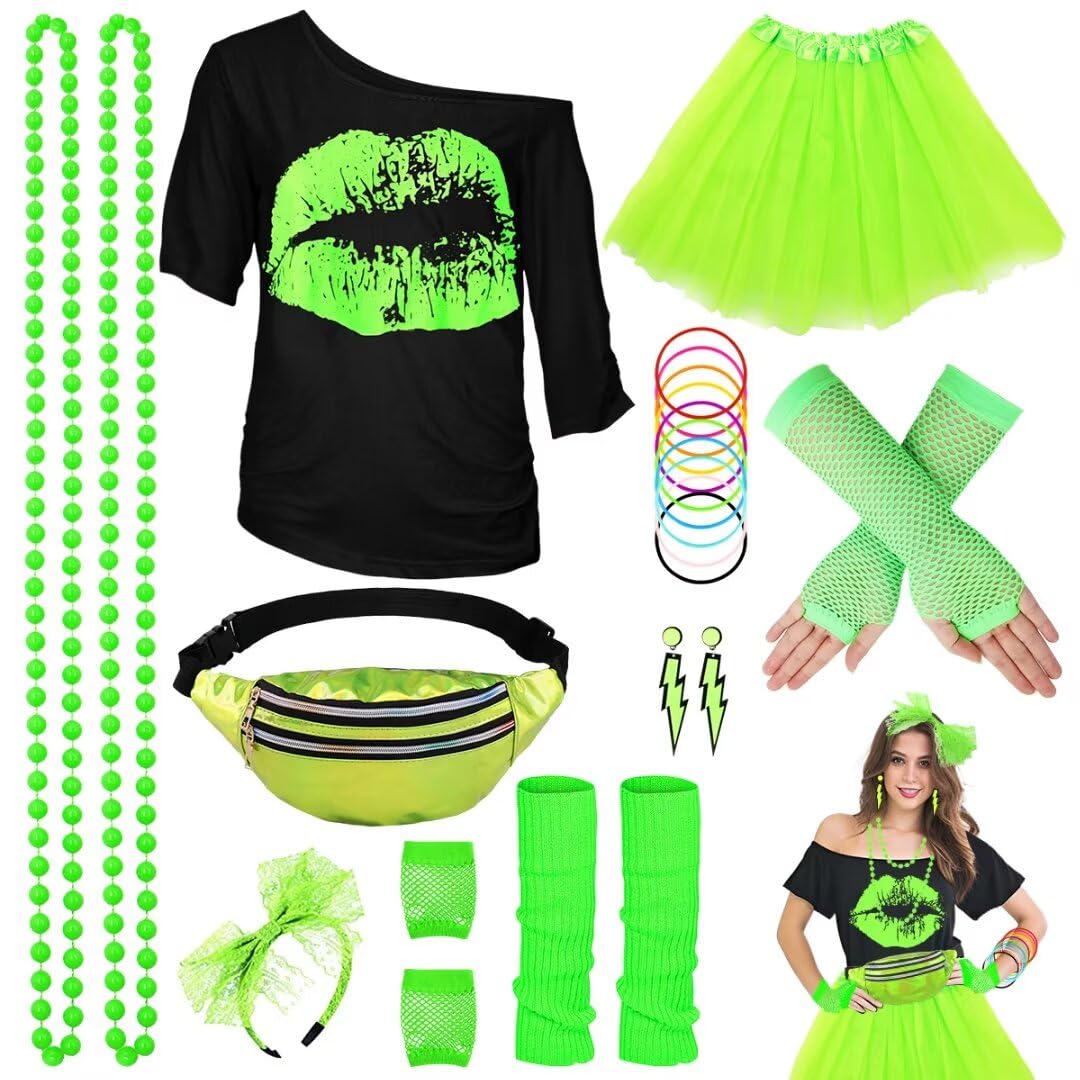 WILDPARTY 80er Jahre Outfit Damen Set, T-Shirt, Tutu, Gürteltasche, Stirnband, Ohrring, Halskette, N