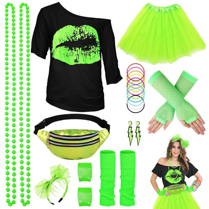 WILDPARTY 80er Jahre Outfit Damen Set, T-Shirt, Tutu, Gürteltasche, Stirnband, Ohrring, Halskette, N
