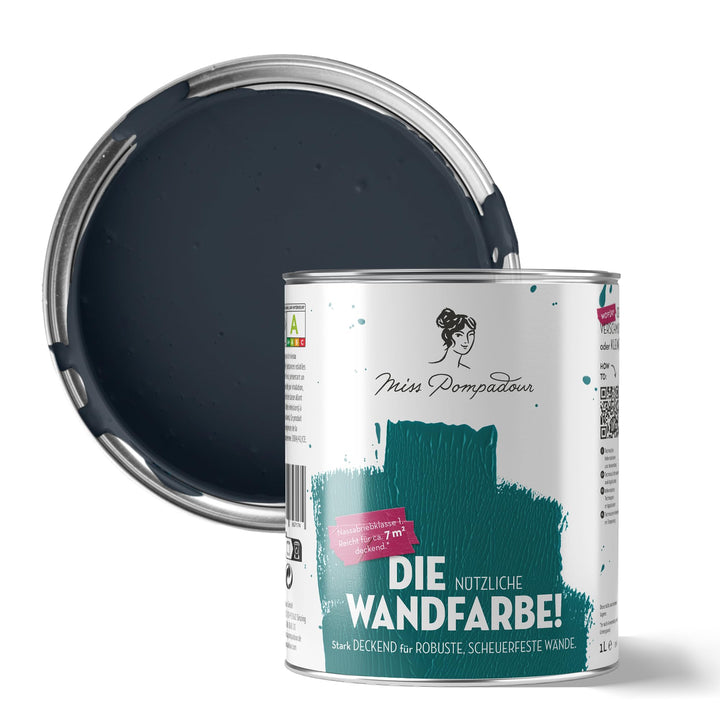 MissPompadour abwaschbare Wandfarbe Blau mit Tinte 1L - hohe Deckkraft &amp; Ergiebigkeit - matte, scheu