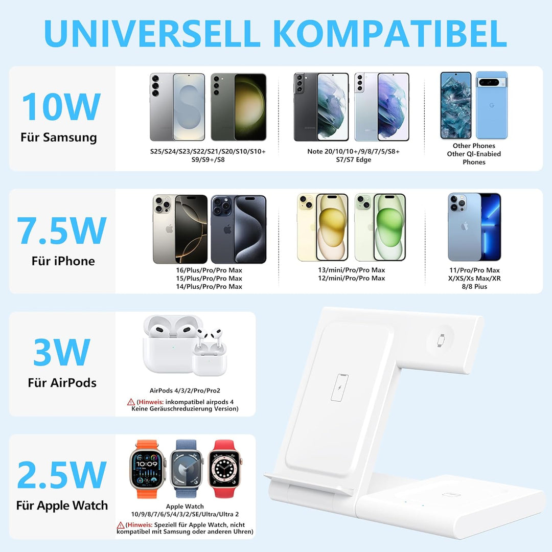 3 in 1 Induktions Ladestation für iPhone 17/16/15/14/13/12, Schnellladegerät 15W für Apple Watch Ult