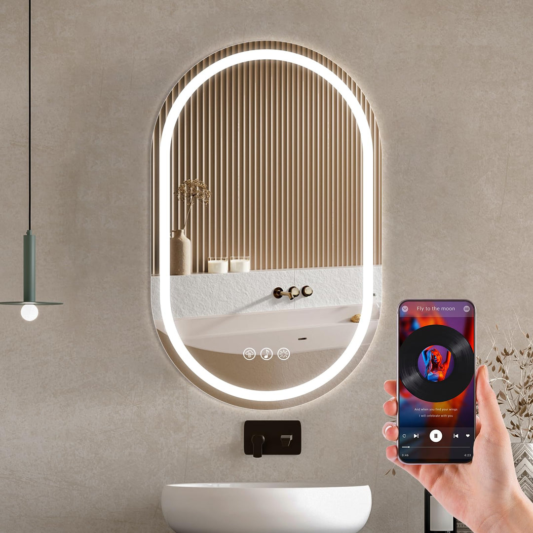 Bluetooth Ovaler Badspiegel mit Beleuchtung LED, 50x80cm Spiegel mit Light, Wandspiegel Oval mit Fro