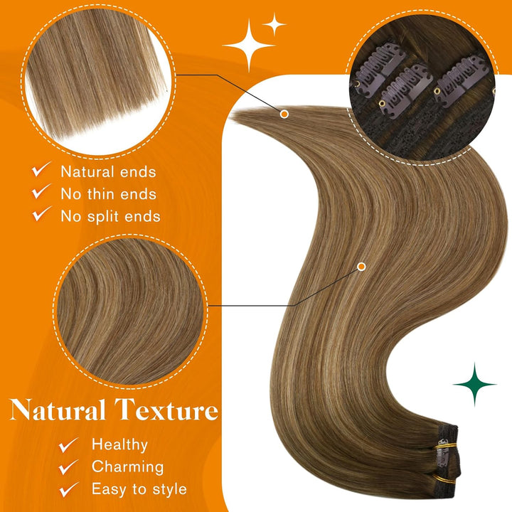 Easyouth Balayage Clip in Echthaar Extensions Clip in Haarverlangerung Mittelbraun tu Honigblond Mit
