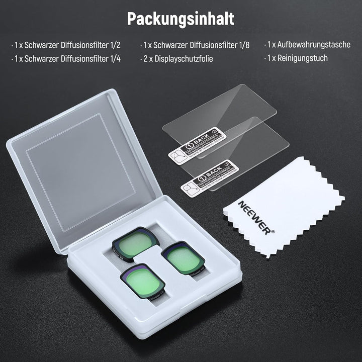 NEEWER Black Diffusion 1/2, 1/4, 1/8 Filter Set für einen filmischen Nebeleffekt, kompatibel mit DJI