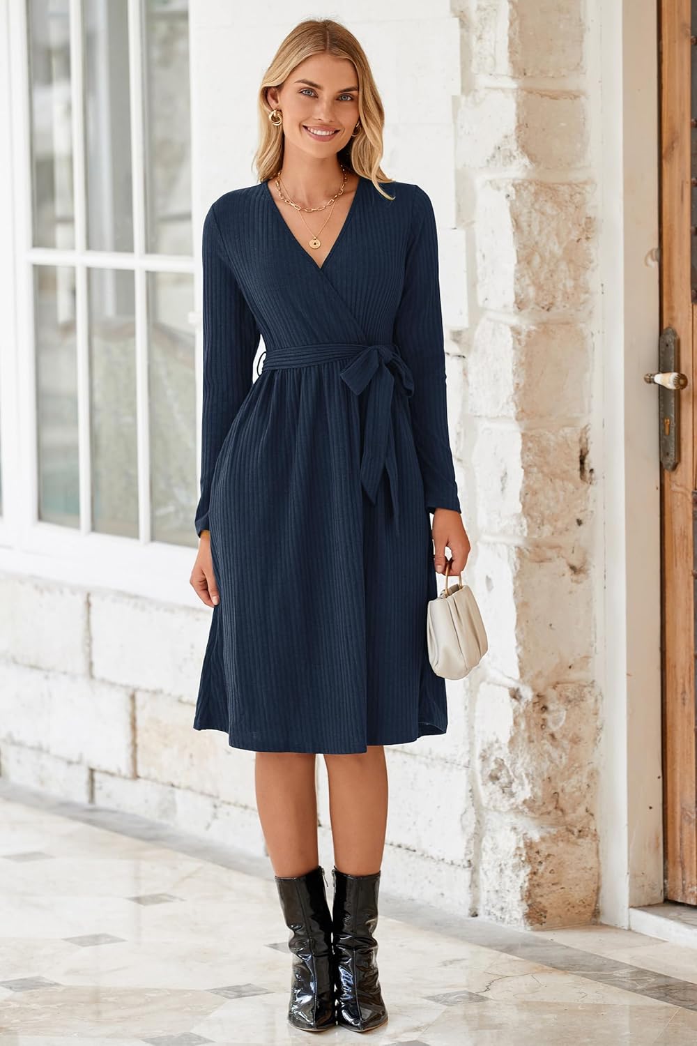 Newshows Strickkleid Damen Herbstkleid V Ausschnitt Pulloverkleid Winterkleid Kleid mit Taschen für