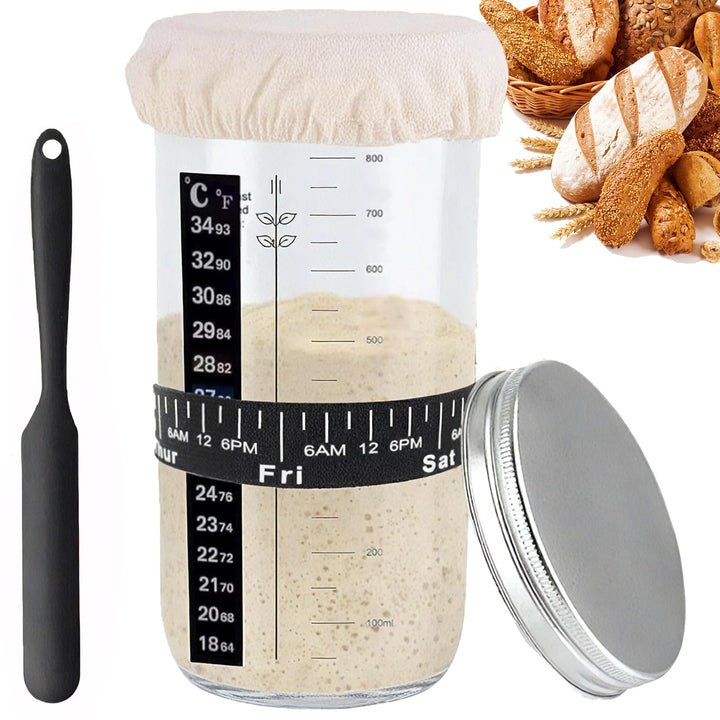 Sauerteig Starter Jar Kit 1000ml Gärglas mit Spatel, Sauerteig Glas, Fermentierglas, Sourdough Start