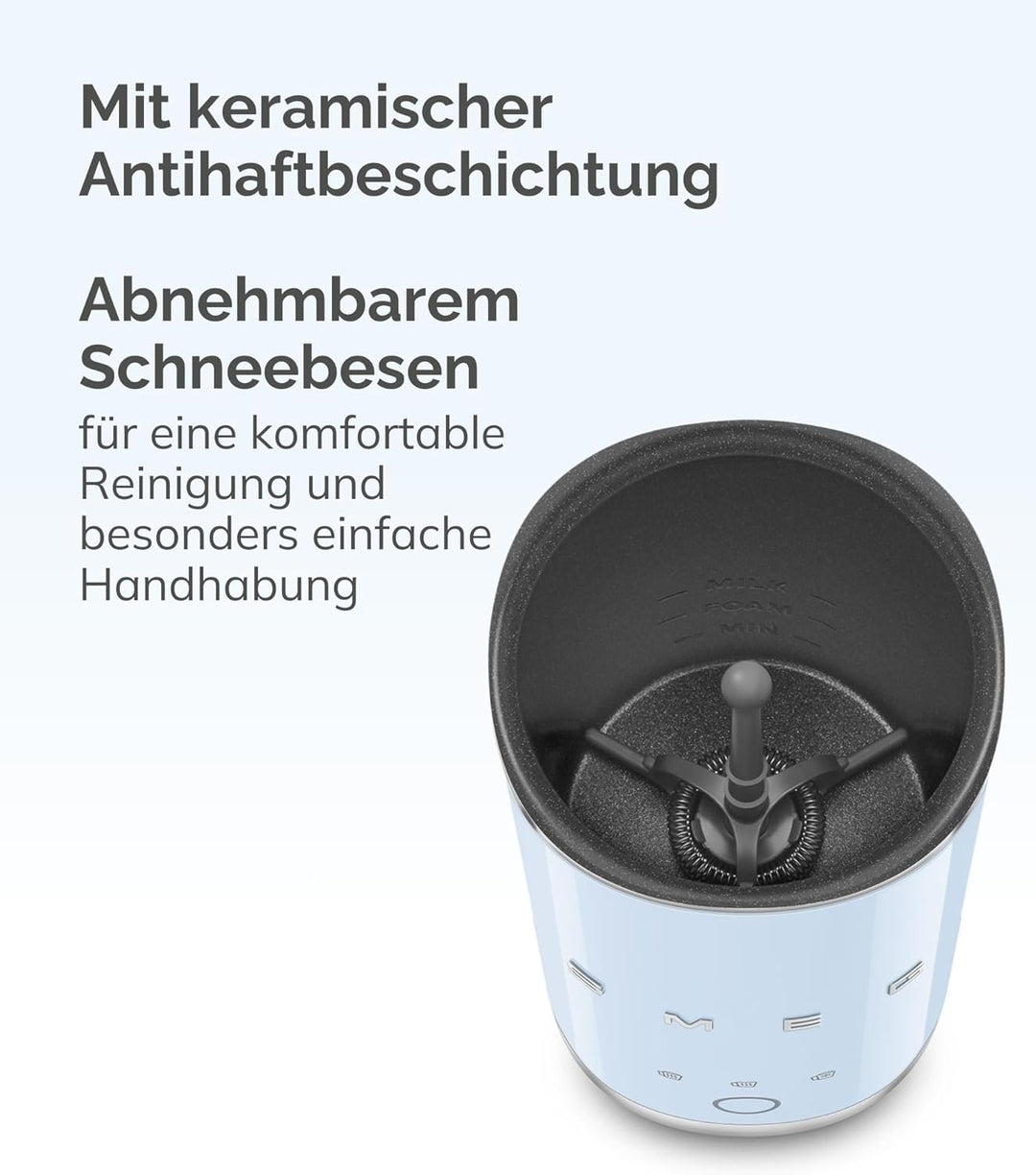 Smeg, MFF02PGEU Elektrischer Milchaufschäumer, 3 Getränkefunktionen, abnehmbarer Schneebesen, Antiha