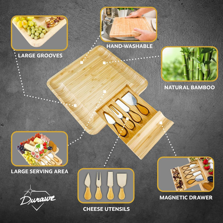 Bambus Käsebrett mit 4 Messern – Servierplatte aus Holz, Charcuterie Board für Aperitif, Geburtstag,
