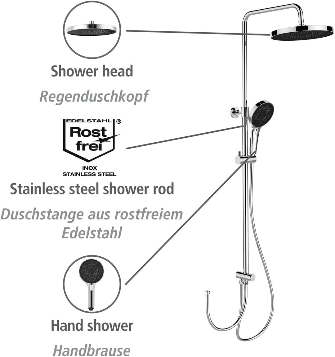 WENKO Duschsystem Softwater, Duschstange aus Edelstahl mit Regenduschkopf, Handbrause, Duschschlauch