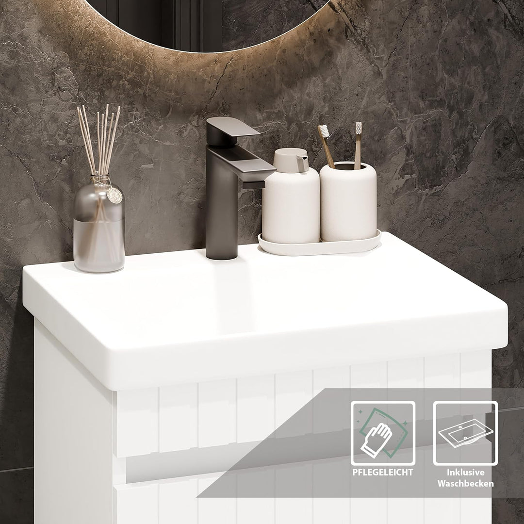 Planetmöbel Cosmia Badmöbel Set Waschbecken mit Unterschrank 50 x 60 x 35 cm Weiss, Spiegel mit Bele