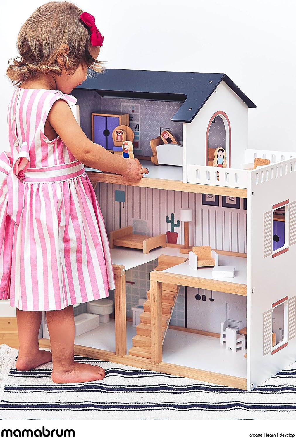Mamabrum, Puppenhäus Aus Holz Mit Zubehör, Holzpuppenhaus mit Möbeln, Holztraumhaus mit Zubehör inkl