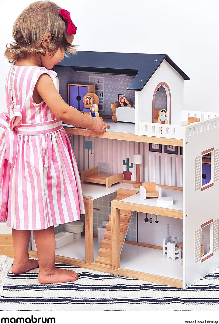 Mamabrum, Puppenhäus Aus Holz Mit Zubehör, Holzpuppenhaus mit Möbeln, Holztraumhaus mit Zubehör inkl