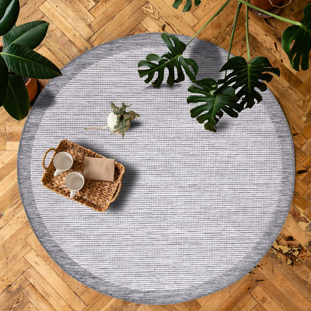 payé Outdoor Teppich Rund - 160x160cm - Wetterfest - Grau Weiss - Bordüre - Teppiche für Terrasse Ba