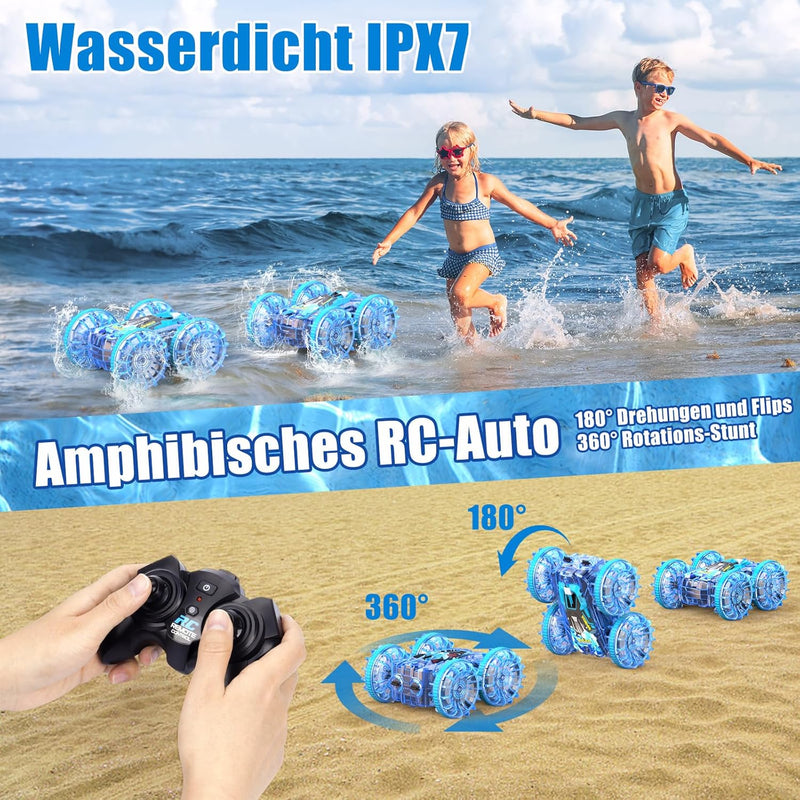 AmazeFun Amphibienfahrzeug Ferngesteuertes Auto ab 4 5 6 7 8 9 Jahre 4WD 360° RC Auto Indoor & Outdo