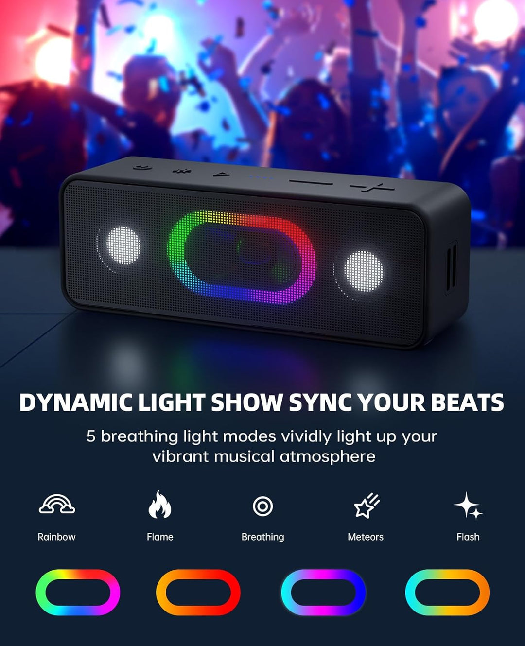 Ortizan Bluetooth Lautsprecher, Musikbox Bluetooth 5.3, Dualen Bass-Treibern, 24H Akku, 6 Lighting E