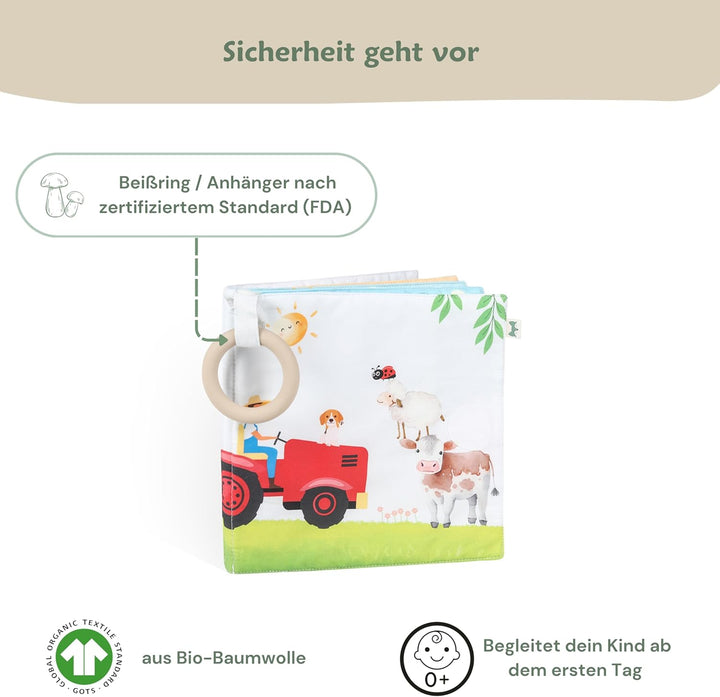Fotoalbum Baby Kinder Fotobuch aus Bio-Baumwolle Bauernhof I mit Beissring und Anhänger als Erinneru