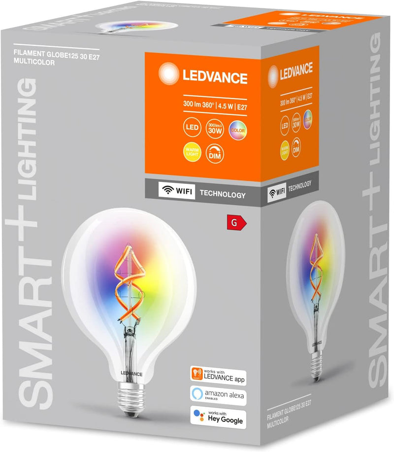 LEDVANCE Smarte LED-Lampe mit Wifi Technologie, E27, RGB, Globeform, Farbiges Filament als Stimmungs