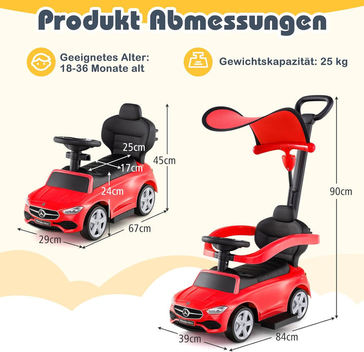COSTWAY Mercedes-Benz Rutschauto, 3-in-1 Rutschfahrzeug mit Schiebegriff, Stauraum & Lenkschieber, S