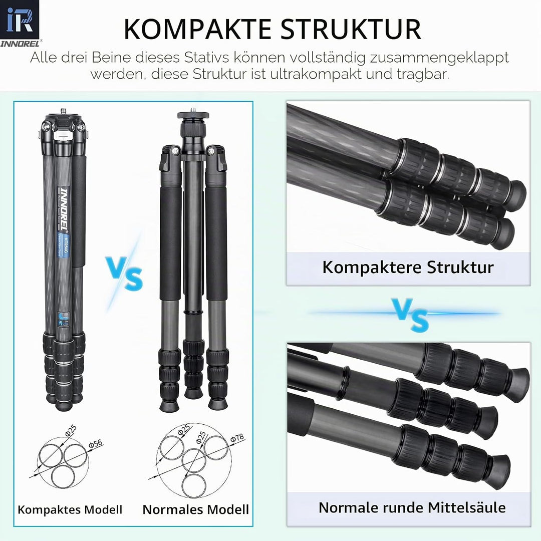 INNOREL KT254C Kohlefaser-Stativ für DSLR-Kamera, sehr professionell, tragbar, strapazierfähig, komp
