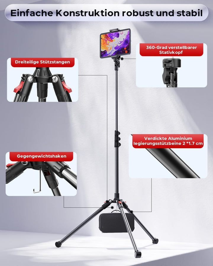 CAMBOFOTO Tablet stativ ständer,Höhenverstellbar bis 187cm Halter Stativ kompatibel mit iPhone/iPad/